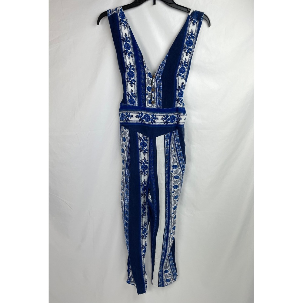 Free People All Shook Up Jumpsuit Size 4 Blue White Sleeveless Boho Open Back